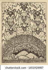 Rats. Mystic concept for Lenormand oracle tarot card. Vector engraved illustration. Fantasy line art drawing and tattoo sketch. Gothic, occult and esoteric background