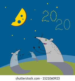 Rats pray on a moonlit night for a month in the form of cheese 2020. For the calendar for 2020
