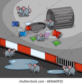 Rats searching trashcan on the sidewalk illustration