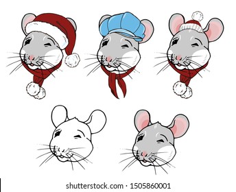 Rats, symbol of the year 2020 according to the Chinese calendar, portraits of rats in winter clothes, hats and scarves, vector illustration
