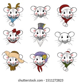 Rats, symbol of the year 2020 according to the Chinese calendar, portraits of rats in winter clothes, hats and scarves, vector illustration