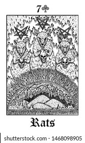 Rats. Tarot card from vector Lenormand Gothic Mysteries oracle deck. Black and white engraved illustration. Fantasy and mystic line art drawing. Gothic, occult and esoteric background