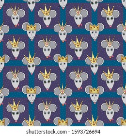 Rats vector seamless pattern. Mouse animals with crowns. Hand drawn cartoon funny pets background.