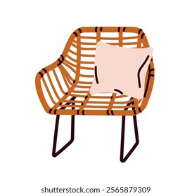 Rattan armchair, cushion. Woven wicker furniture from natural bamboo wood. Stylish cozy wooden seat in modern retro Scandinavian design, style. Flat vector illustration isolated on white background