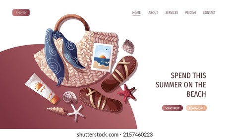 Rattan bag, sandals,  seashells, sunscreen and starfish. Beach Holidays, Summer vacation, Leisure, Recreation concept. Vector Illustration.