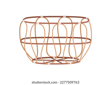 Rattan basket, trendy home storage wickerwork. Empty woven basketry, natural wicker container, bin in modern fashion style, rounded shape. Flat vector illustration isolated on white background