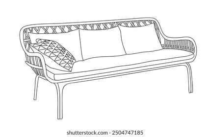 Rattan bench, sofa, elegant modern patio furniture, home interior element of trendy boho style. Hand drawn black ink sketch isolated on white background. Monochrome vector illustration.