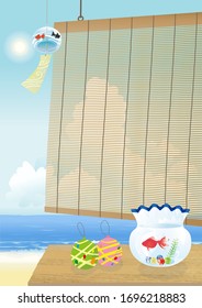 Rattan blind and summer sea background with goldfish.