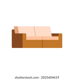 Rattan garden bench with soft padded seats, flat vector illustration isolated on white background. Wicker furniture for garden, backyard or summer terrace.