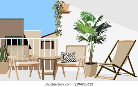 Rattan garden furniture on the balcony, terrace or roof with pots of house plants. Modern cozy eco-style home interior with greenery, tables and chairs. Colorful flat realistic vector illustration.