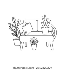 Rattan garden sofa with pillows and pots with garden plants. Gardening. Vector illustration of garden elements. Outline style. 