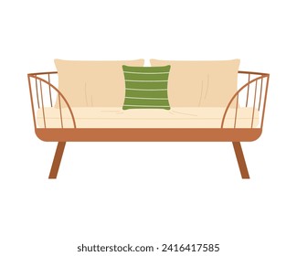 Rattan garden soft sofa. Backyard landscape, outdoor furniture cartoon vector illustration