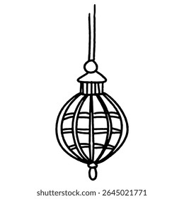 Lâmpada de Rattan em estilo doodle. Ilustração em preto e branco vetorial para criar um logotipo para um estúdio de design de interiores ou um estúdio de iluminação.