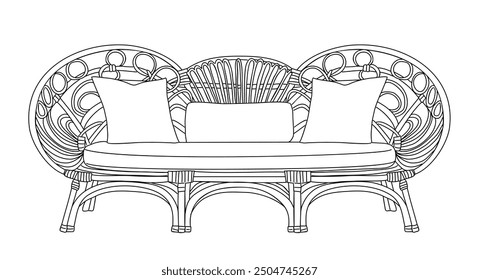 Sofá de la rota, muebles modernos elegantes del patio, elemento interior casero del estilo boho de moda. Dibujado a mano boceto de tinta negra aislado sobre fondo blanco. Ilustración vectorial monocromática.