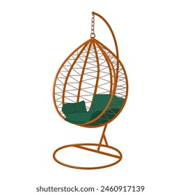 Rattan wicker cocoon garden swing chair hanged on frame isolated on white background. Vector illustration.