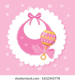 rattle baby with baby bib in background pink vector illustration design