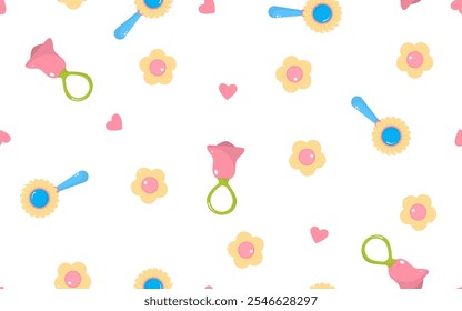 Juguete del bebé del sonajero y flores lindas aisladas en un fondo blanco. Patrón sin fisuras, estilo plano. Fondo infantil para papel, cubierta, textil, platos, decoración de interiores.