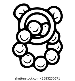Rattle bear holder for baby. Hand drawn doodle. Toy for teaching newborn to hold an object while playing. Educational games for children. Childhood. Vector line art illustration.
