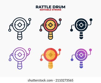 Rattle Drum icon set with different styles. Icons designed in filled, outline, flat, glyph and line colored. Editable stroke and pixel perfect. Can be used for web, mobile, ui and more.