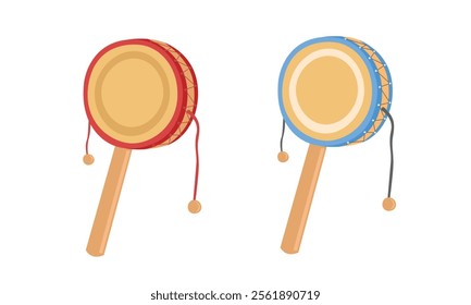 Rattle drum, pellet drum vector illustration in cartoon style isolated on white background. Baby toys, baby element clipart in flat design. 