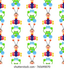 Rattle frog and bug playthings on wrapping paper. Vector seamless pattern of colorful small beanbags for children on white