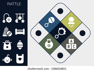 rattle icon set. 13 filled rattle icons.  Collection Of - Rattle, Baby boy, Bib, Spinning top, Toys, Crib, Toy, Crib toy, Dummy, Baby bib icons