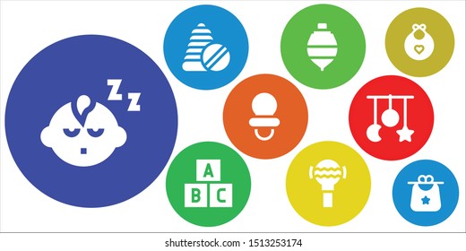 rattle icon set. 9 filled rattle icons.  Collection Of - Baby boy, Toys, Spinning top, Toy, Rattle, Dummy, Crib toy, Baby bib, Bib icons