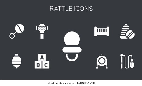 rattle icon set. 9 filled rattle icons.  Simple modern icons such as: Dummy, Toy, Rattle, Spinning top, Toys, Crib