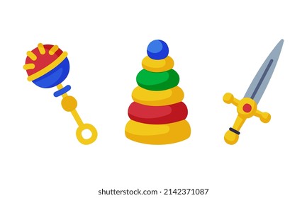 Rattle and Pyramid as Colorful Kids Toy Vector Set