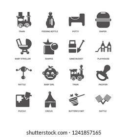 Rattle, Shapes, Train, Feeding bottle, Pacifier, Baby girl, Butterfly Net icon 16 set EPS 10 vector format. Icons optimized for both large and small resolutions.
