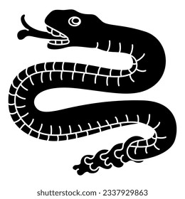 Rattle snake from Aztec codex. Native American art of ancient Mexico. Black and white negative silhouette.