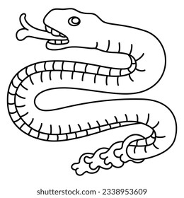 Rattle snake from Aztec codex. Native American art of ancient Mexico. Black and white linear silhouette.