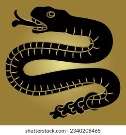 Rattle snake from Aztec codex. Native American art of ancient Mexico. Black and gold silhouette.