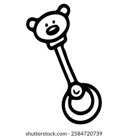 Rattle teddy bear for baby. Hand drawn doodle. Musical toy for newborn entertainment. Educational games for children. Play decoration. Childhood. Vector line art illustration.