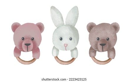 Rattle toy for newborns. Plush Hare and bear with a wooden ring