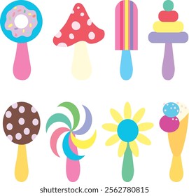 Rattles for newborns, various figures on isolated background, set