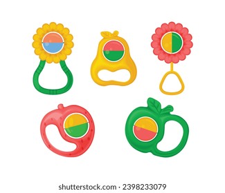 Rattles set. Children s toys rattle in the form of a flower. Educational toys for children. A collection of children s toys. Vector illustration isolated on a white background