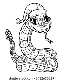 Rattlesnake in Santa Claus hat sketch. Hand drawn line art illustration.