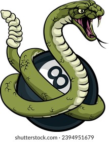 A rattlesnake snake angry mean pool billiards mascot cartoon character holding a black 8 ball.