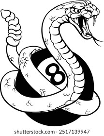 A rattlesnake snake angry mean pool billiards mascot cartoon character holding a black 8 ball.