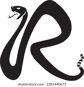 Rattlesnake snake viper letter r logo company team black and white pen and ink vector symbol rattler font little league baseball sports graphic drawing illustration