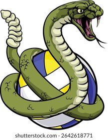 Um mascote de vôlei de cobra cascavel envolto em torno de uma bola de vôlei