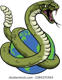 A rattlesnake snake wrapped around a world earth globe concept