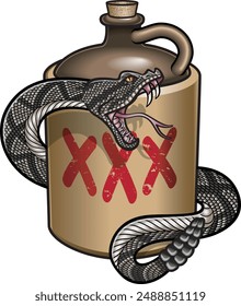 Rattlesnake twisted around vintage moonshine whisky jar