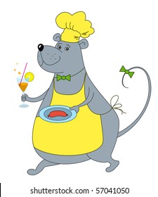 Rat-waiter with sausage in yellow cap bringing to the client a tray with meal