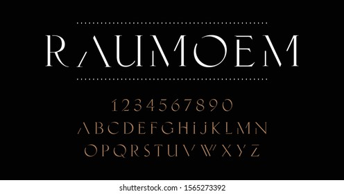 Raumoem: Minimalist serif lettering fashion design. Alphabet elegant letters and numbers. Vector illustration