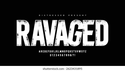 Ravaged: Distressed alphabet uppercase font set design. Vector illustration typography grunge style. Fonts design.