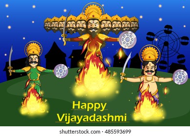 Ravana Dahan, Burning effigy of Ravana during Dussehra in vector