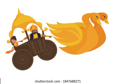 Ravana is kidnapping Goddess Sita and flying on a chariot. Vector graphic illustration. Individually on white background.