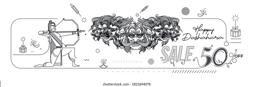 Ravana ten heads with text Happy Dussehra and Big Sale Flat 50% off - Abstract Poster Banner Vector Design.